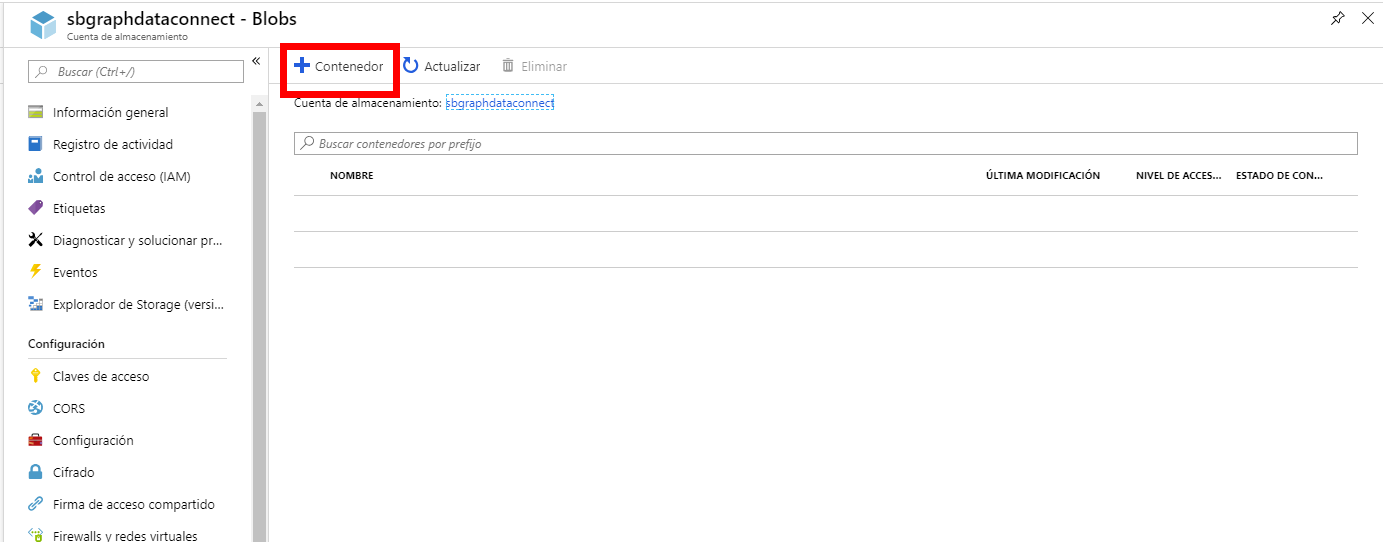 Imagen 9.- Creación del contenedor en el Storage.
