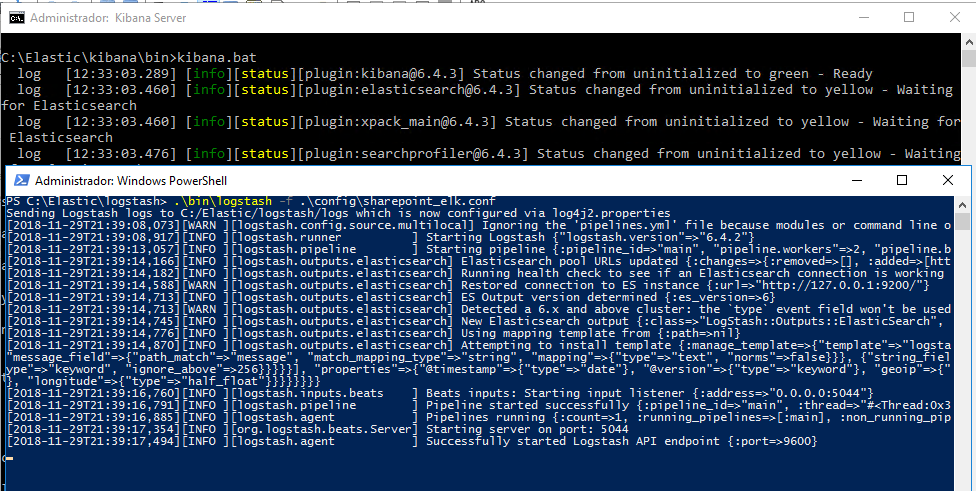 Imagen 3.- Kibana y Logstash levantados en consola.