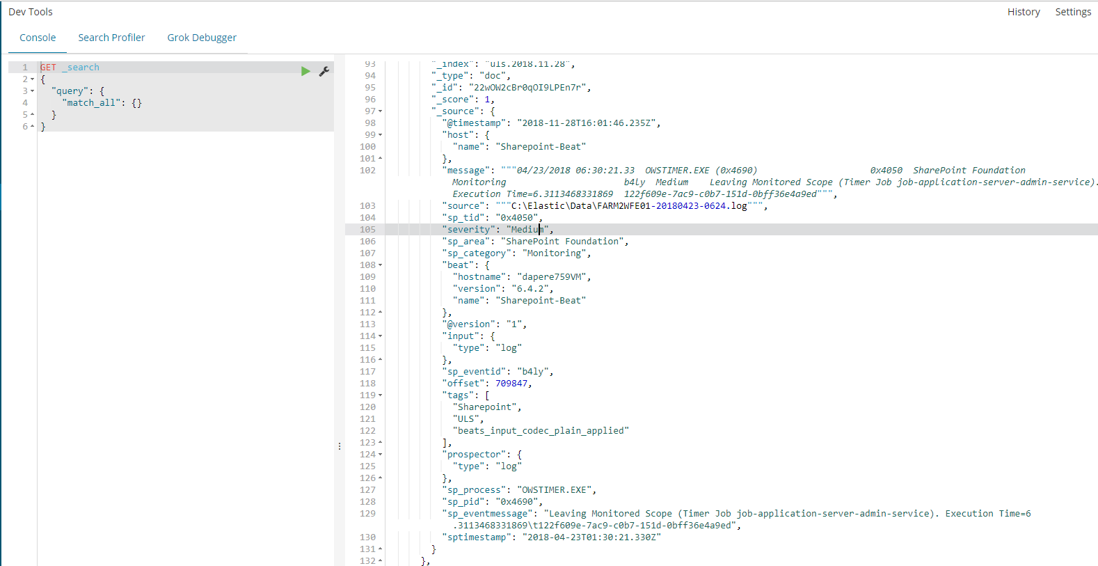 Imagen 6.-  Consulta al índice y visualización de campos.