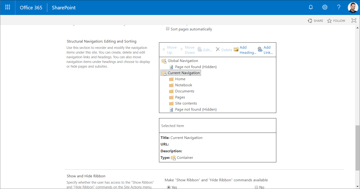 Image 4.- Modifying navigation settings in the site.