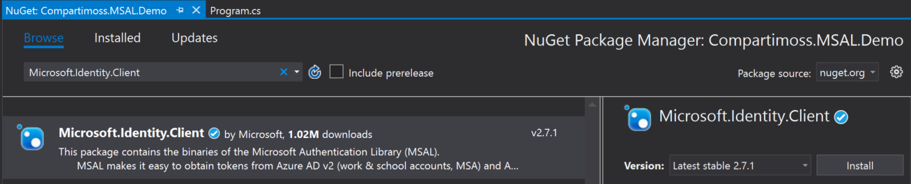 Imagen 2.- Paquete NuGet de MSAL.