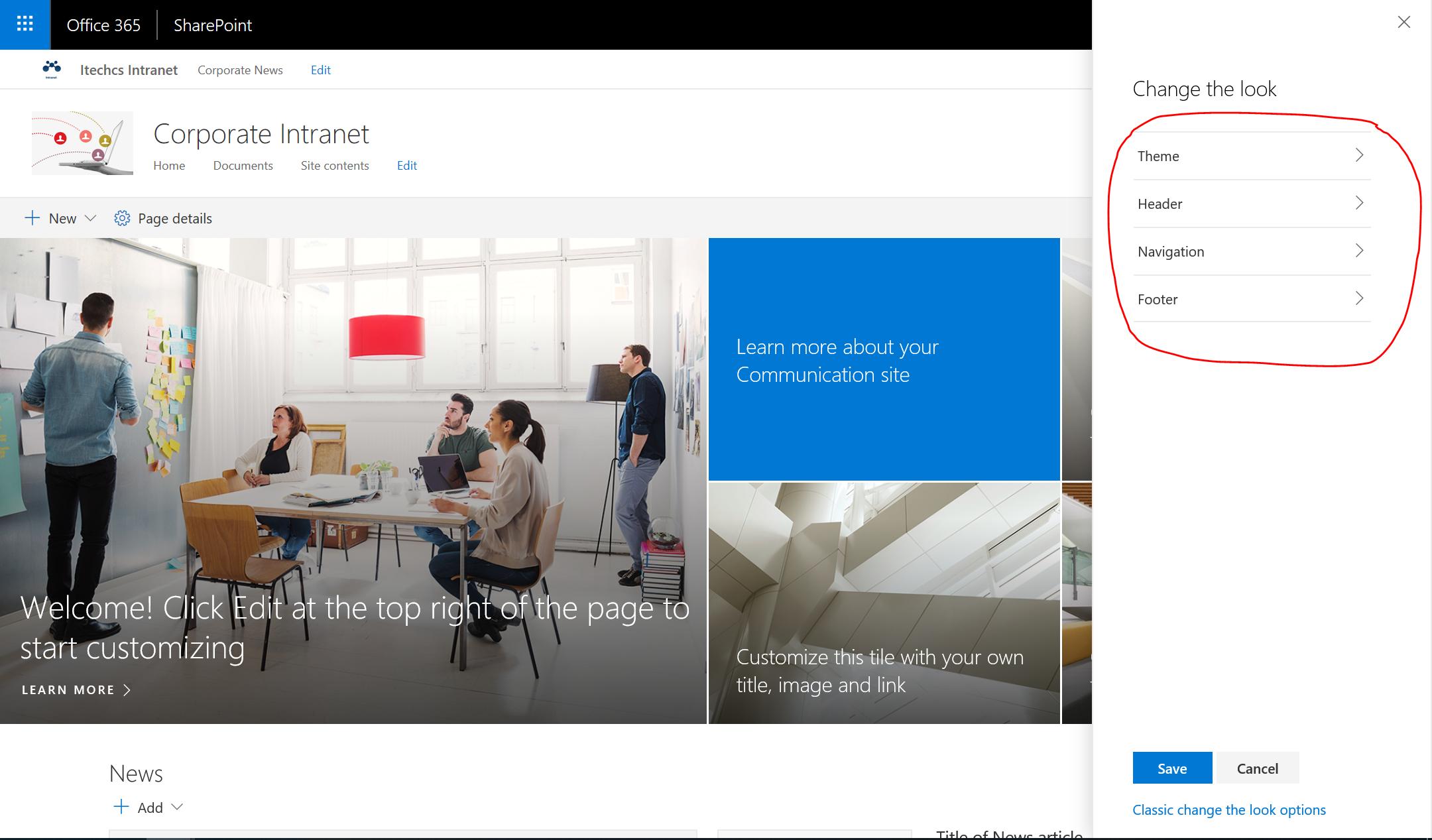 Imagen 2.- Opciones de configuración de aspecto de un sitio moderno de SPO.