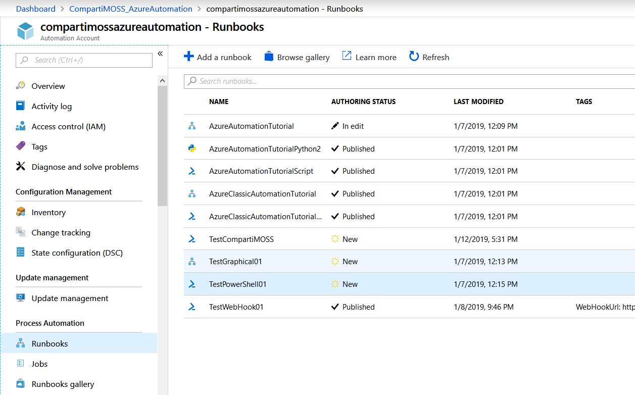 Imagen 2.- Ventana de manejo de Runbooks.