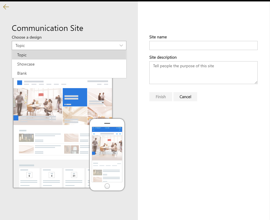Imagen 1.- Diseños de sitio por defecto en SharePoint Online.