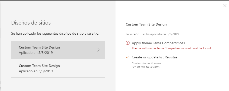 Imagen 6.- Panel con el detalle de los diseños de sitios que se hayan aplicado.