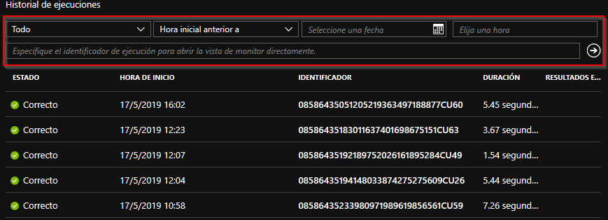 Imagen 4.- Histórico de ejecuciones en una aplicación de Logic Apps.