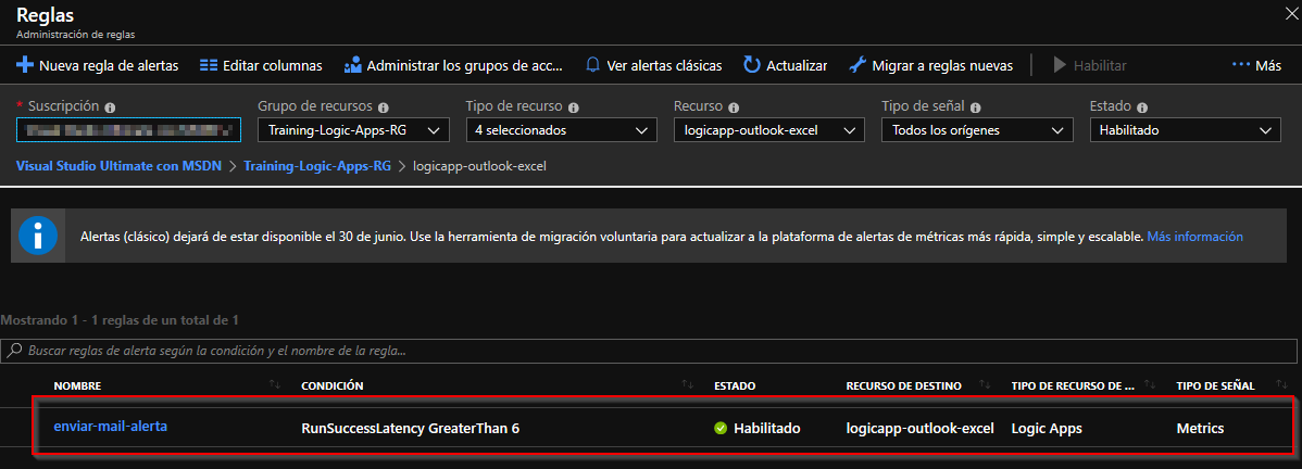  Imagen 6.- Definición de alertas para una Logic App.