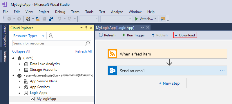 Imagen 7.- Editor visual de Logic Apps en Visual Studio.