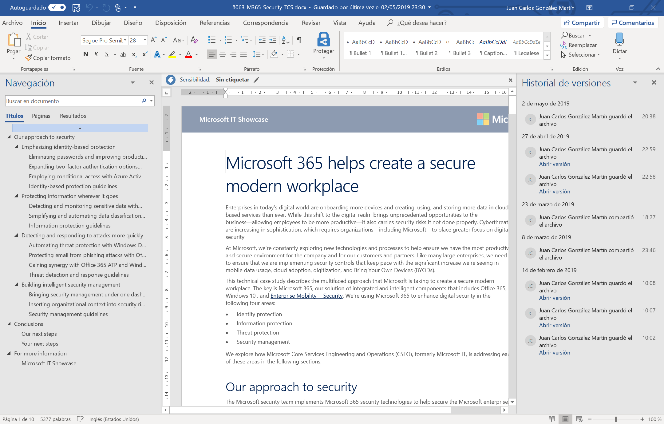 Imagen 2.- Historial de versiones de un documento en el cliente Office (Word).