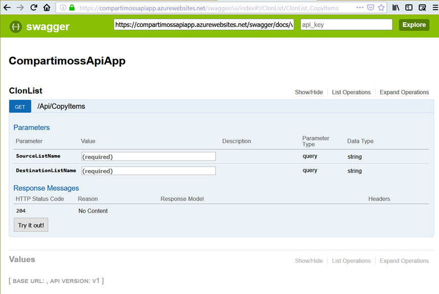 Imagen 8.- Página de Swagger con la definición de uno de los APIs.