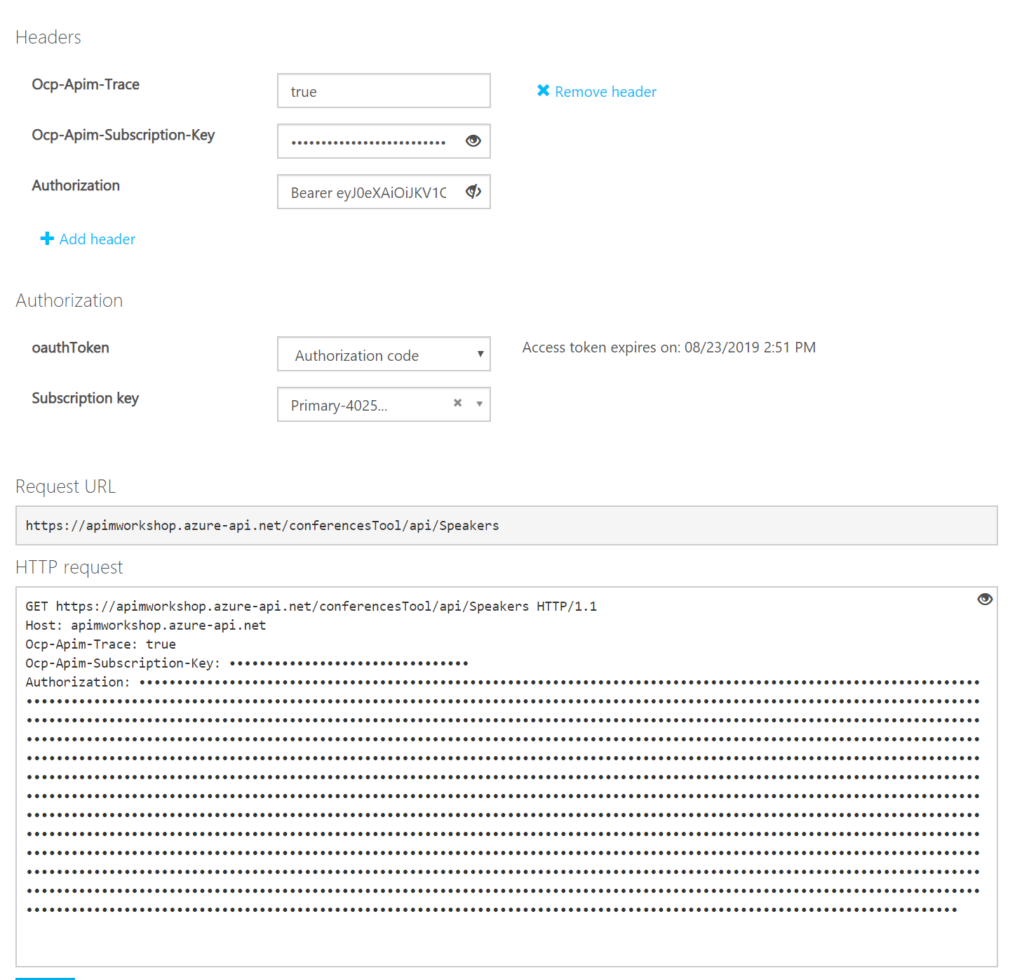 Imagen 13.- Nuestro primer token en APIM.