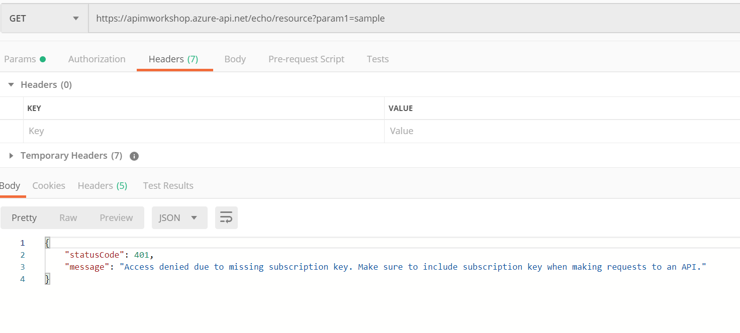 Imagen 6.- Error 401, suscription key.