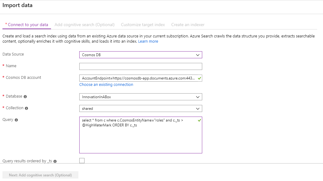 Imagen 1.- Configuración básica del servicio de Azure Search.