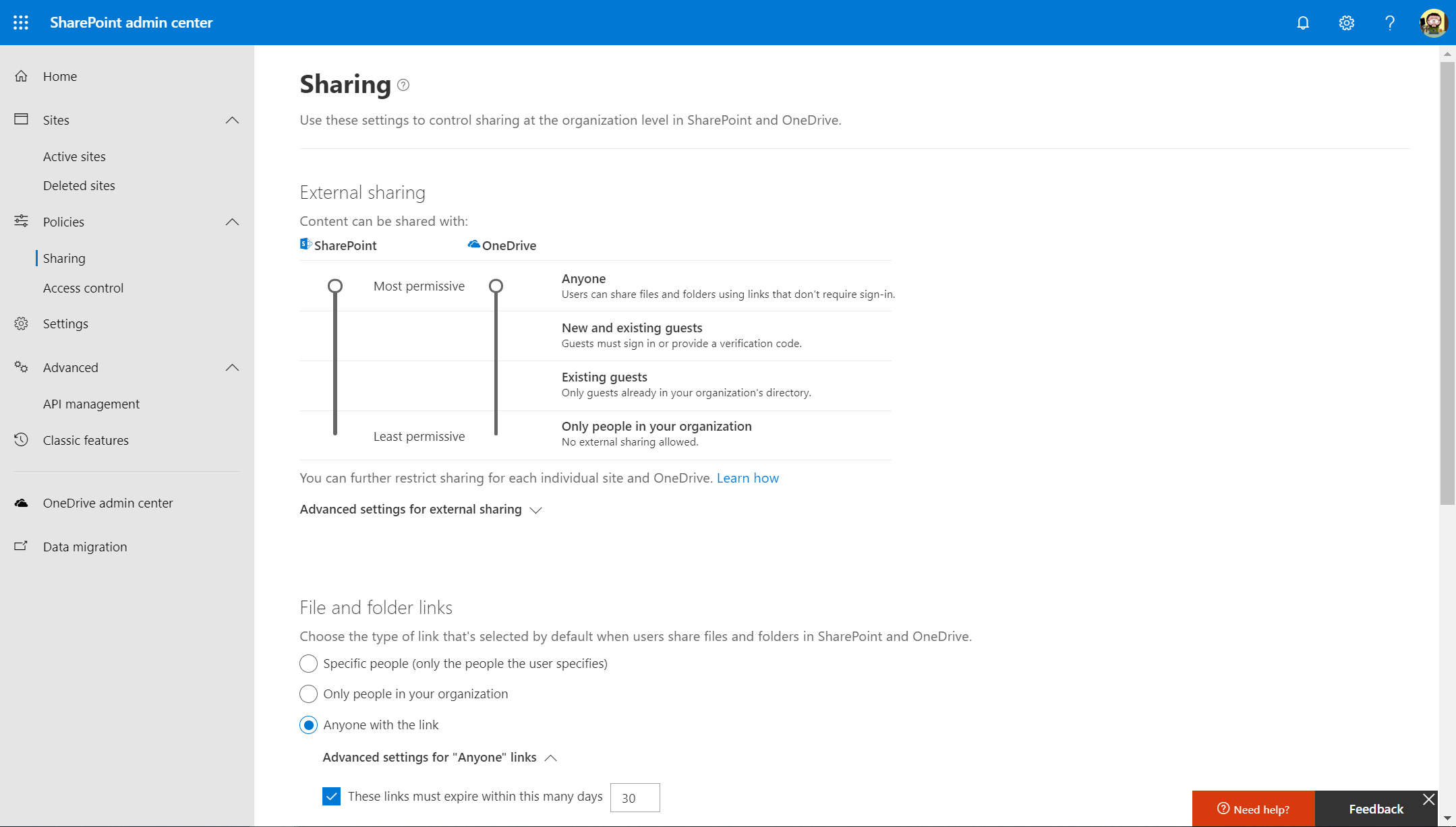 Imagen 5.- Página de “Compartir” en el Modern Admin Center de SPO.