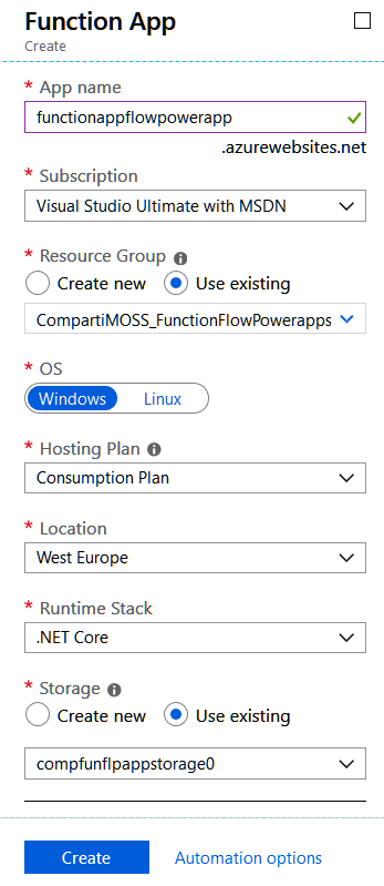 Imagen 2.- Creación de la Function App en Azure