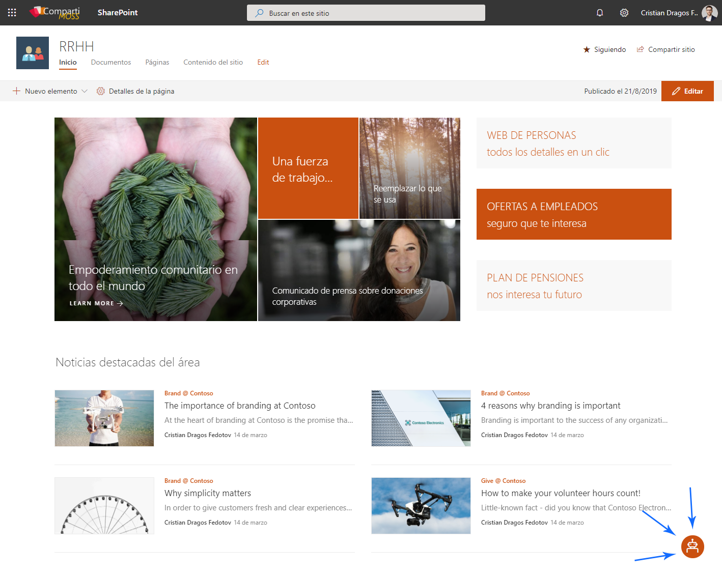 Imagen 9. – Página de SharePoint Online con la extensión de Bot en la parte inferior derecha.
