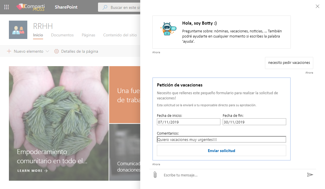 Imagen 13. – Petición de vacaciones en formato AdaptiveCard y envío de solicitud.