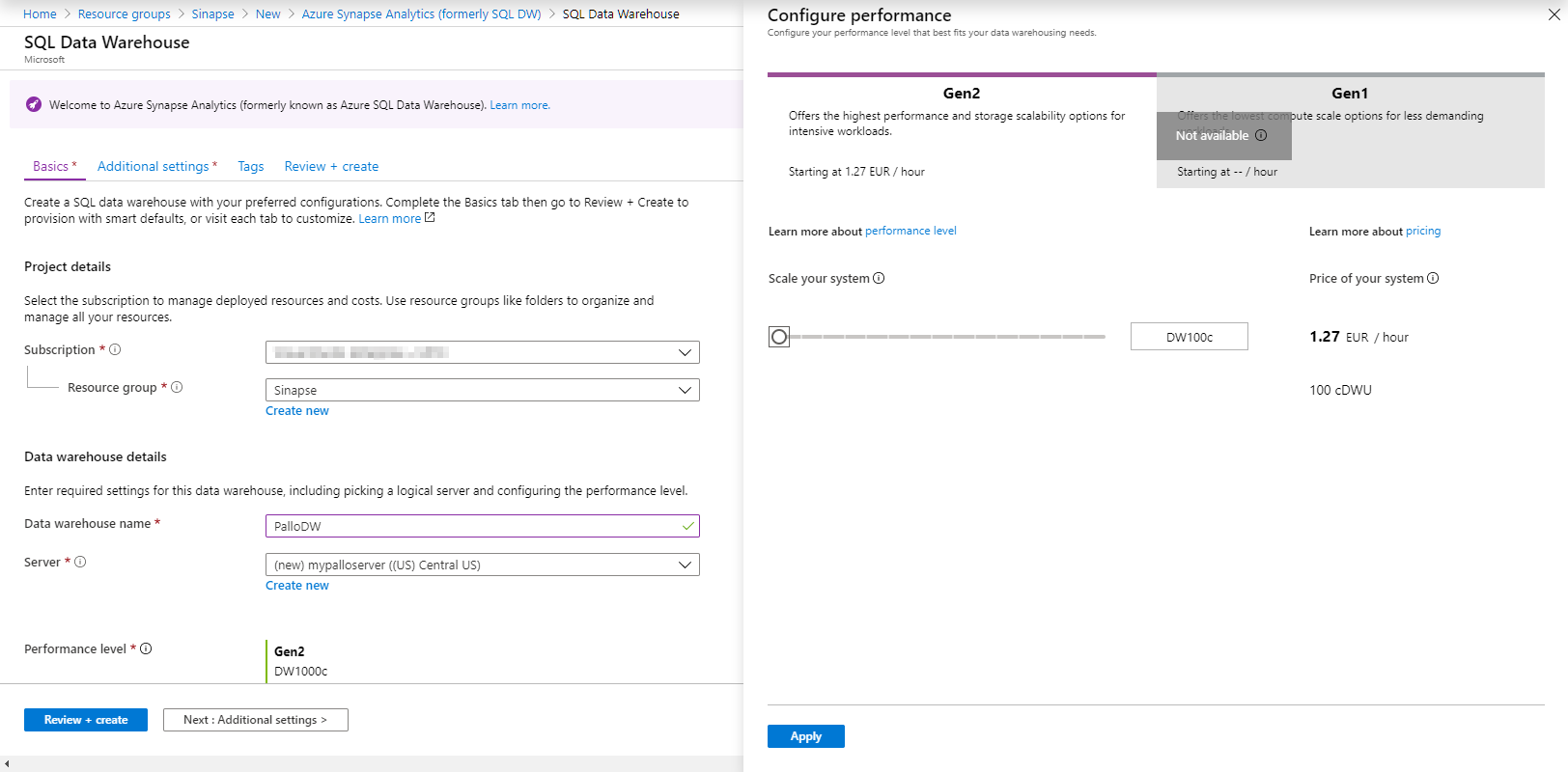 Imagen 4.- Configuración de Azure Synapse Analytics.