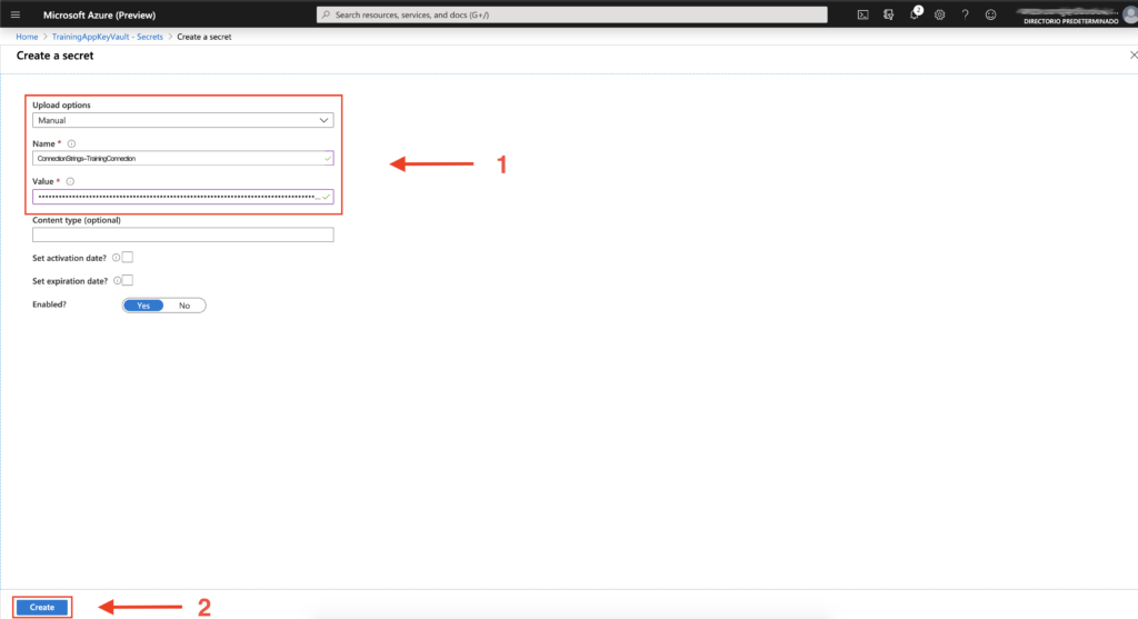 Imagen 5.- Alta de un secreto en Azure KeyVault desde el portal de Azure.