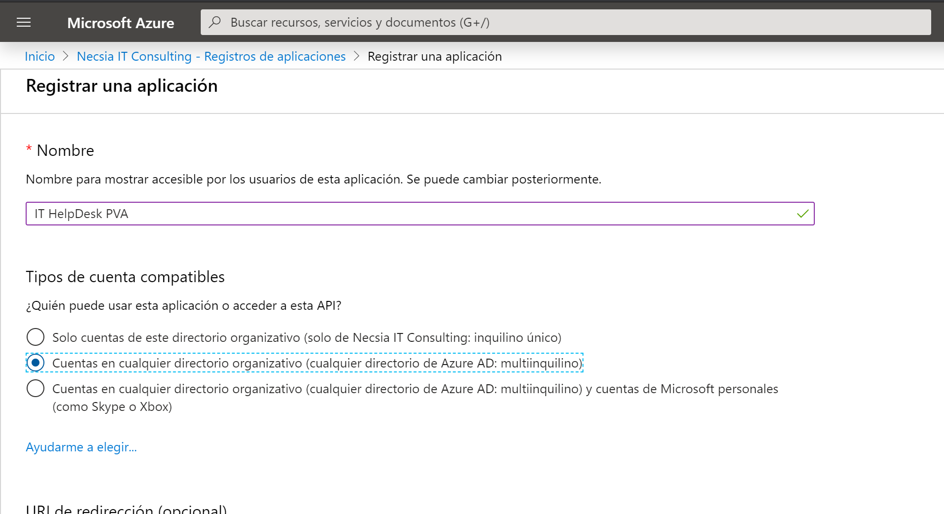 Imagen 3.- Aplicación de Azure AD a registrar.