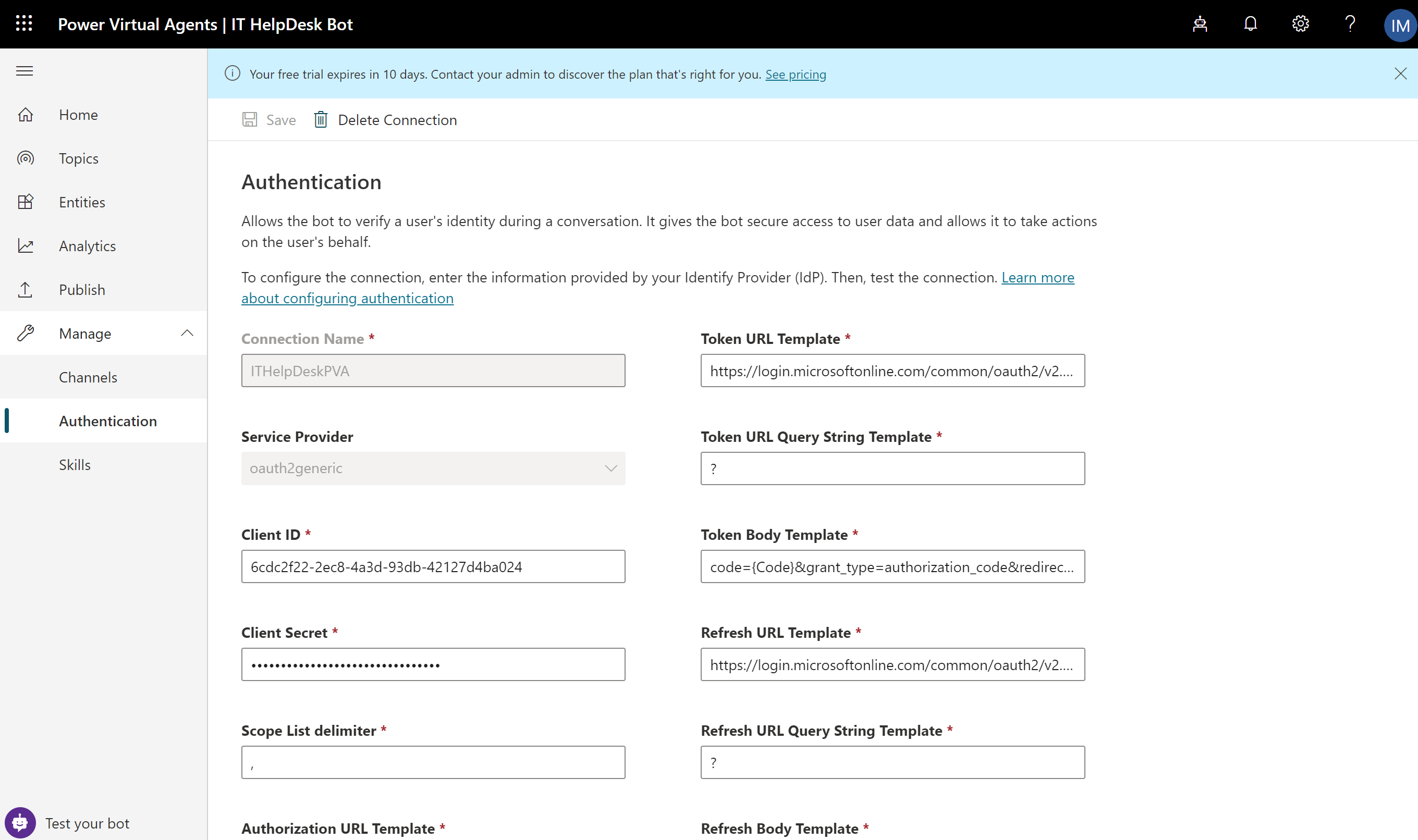 Imagen 9.- Configuración del ClientID y ClientSecret en el PVA.