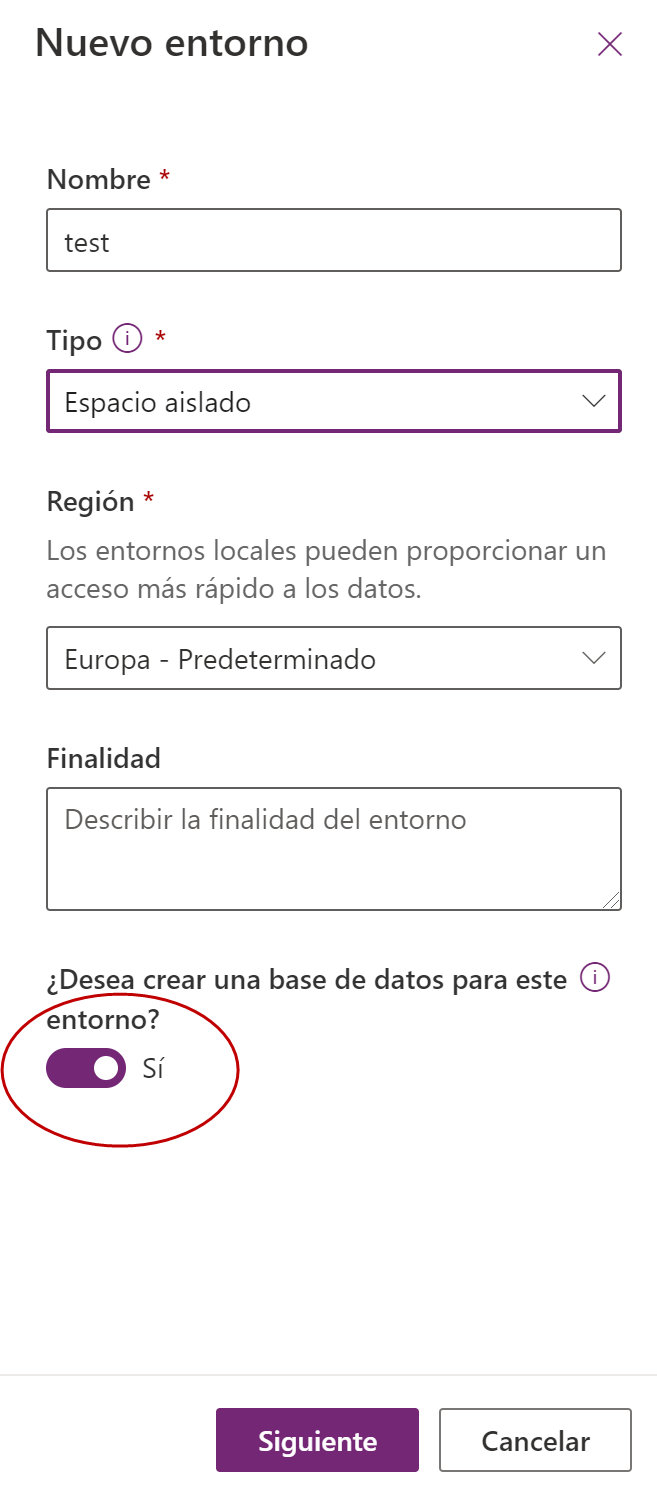 Imagen 4.- Creación de un entorno PowerApps.