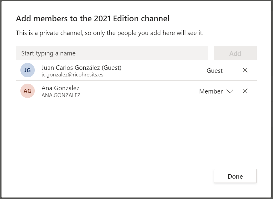 Imagen 5.- Añadiendo integrantes al Canal Privado.