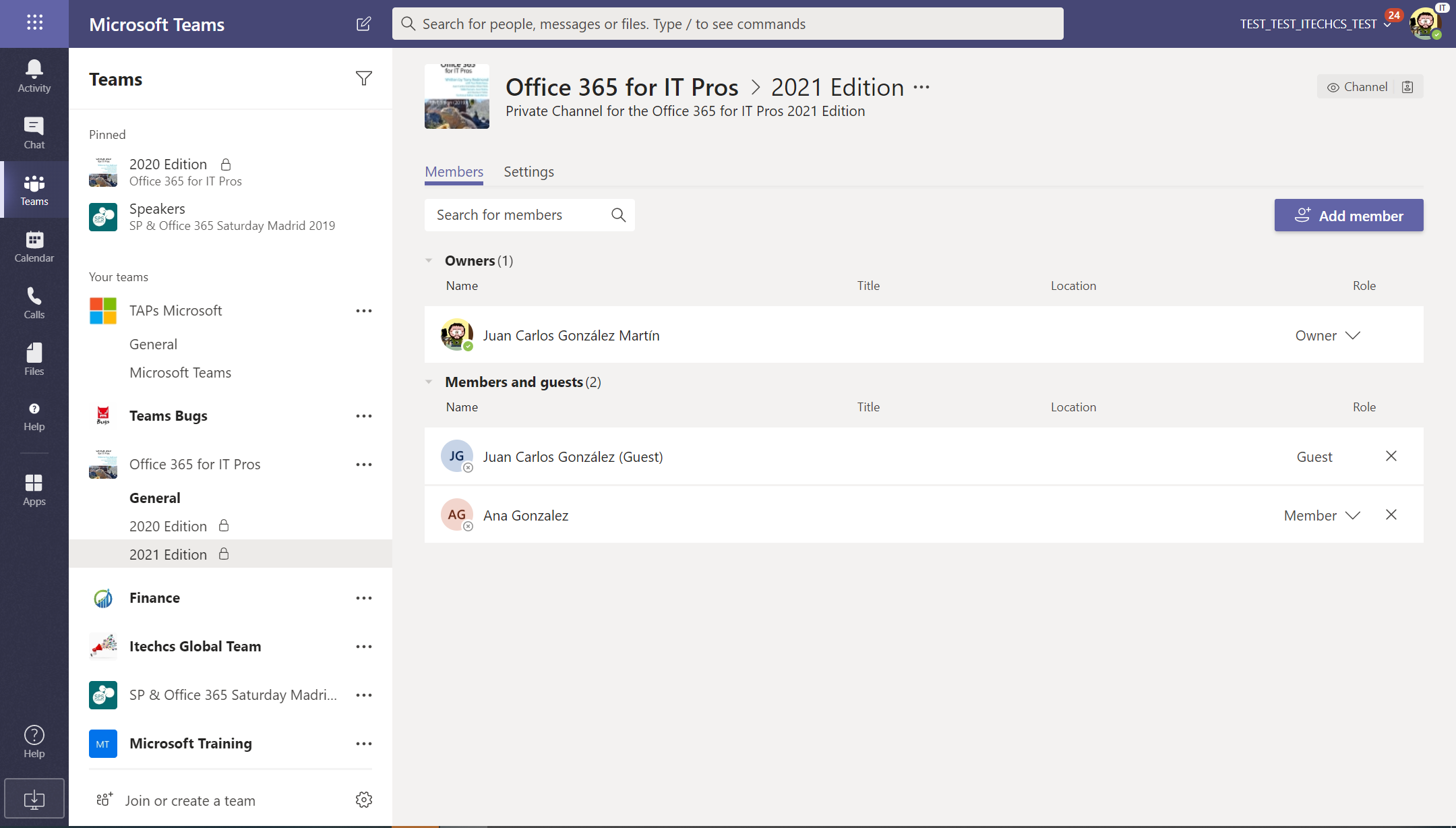 Imagen 8.- Sección de Integrantes en la administración del Canal Privado.