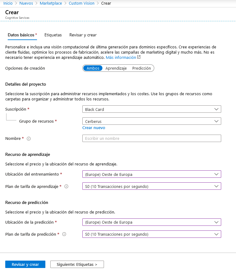 Imagen 2.- Configuración del recurso Custom Vision.