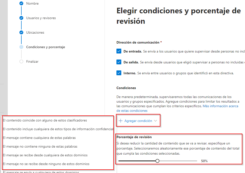 Imagen 6.- Condiciones y porcentaje de revisión en la creación de directivas.