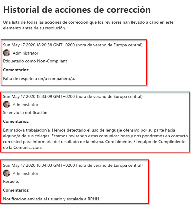 Imagen 9.- Vista del historial de acciones de corrección.