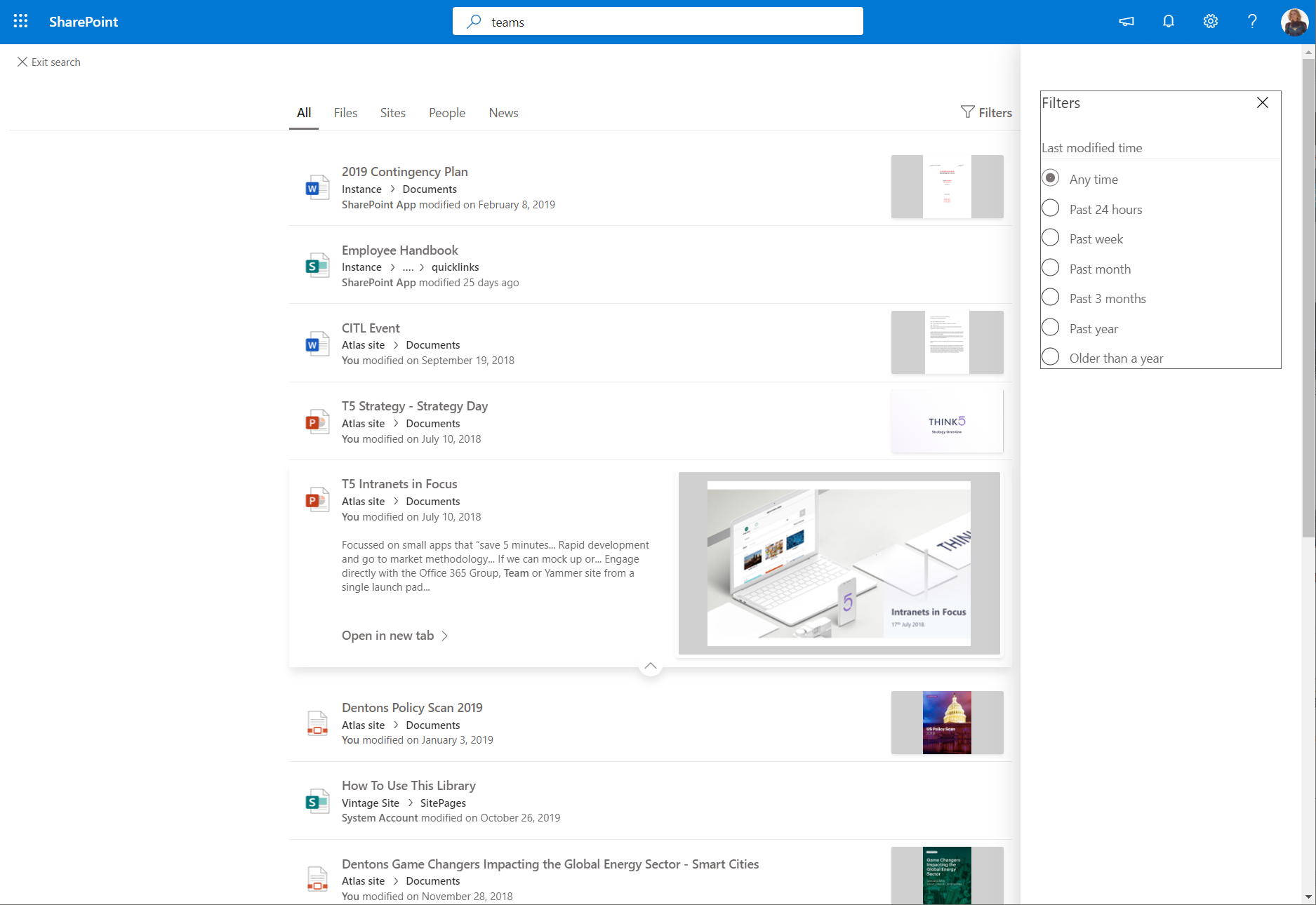 Imagen 2.- Experiencia de usuario de búsquedas modernas en SPO.