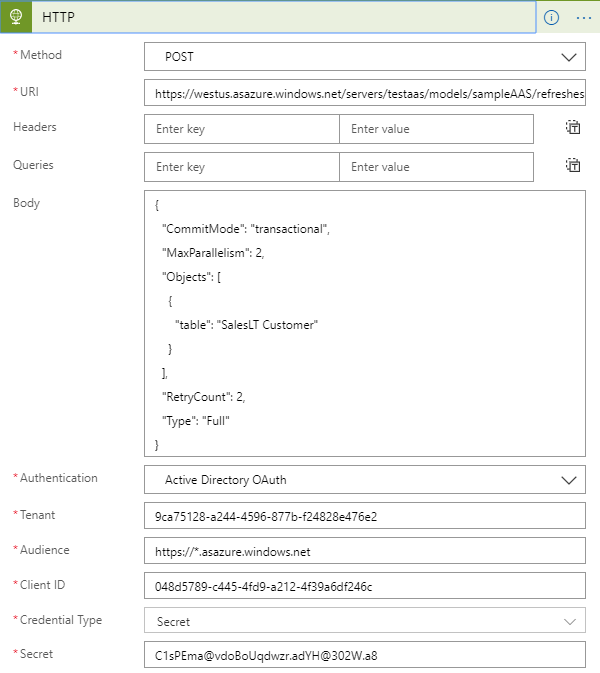 Imagen 12.- Configuración del objeto HTTP en la Logic App.