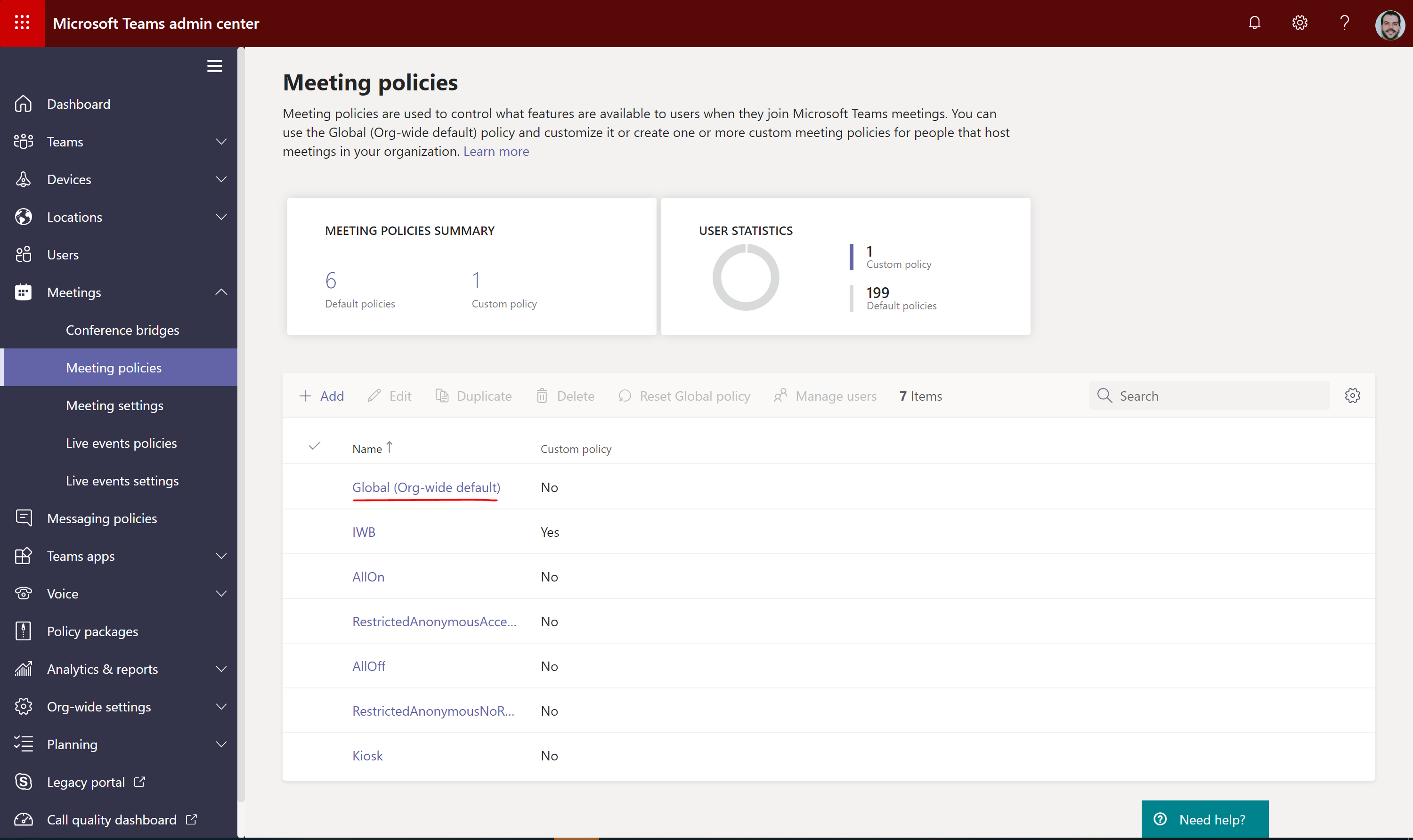 Imagen 3.- Directivas de reuniones en el Teams Admin Center.