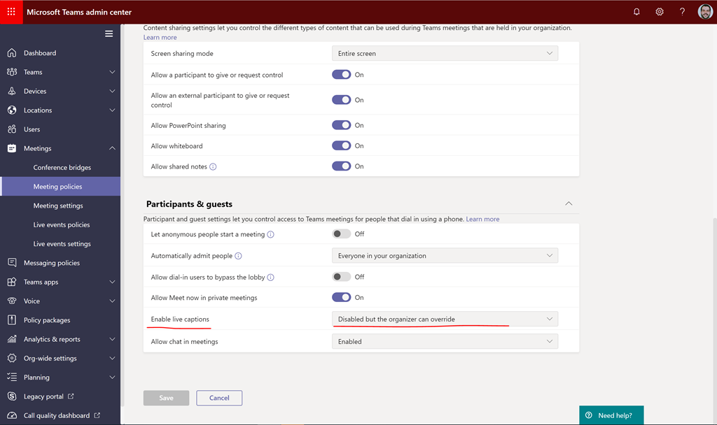 Imagen 4.- Setting a configurar en la Directiva de reuniones para habilitar los Live captions en Teams.
