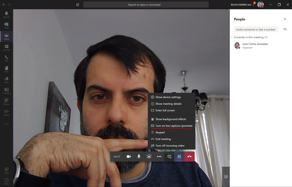 Imagen 5.- Habilitar Live captions en reuniones, llamadas y vídeo-llamadas de Teams.