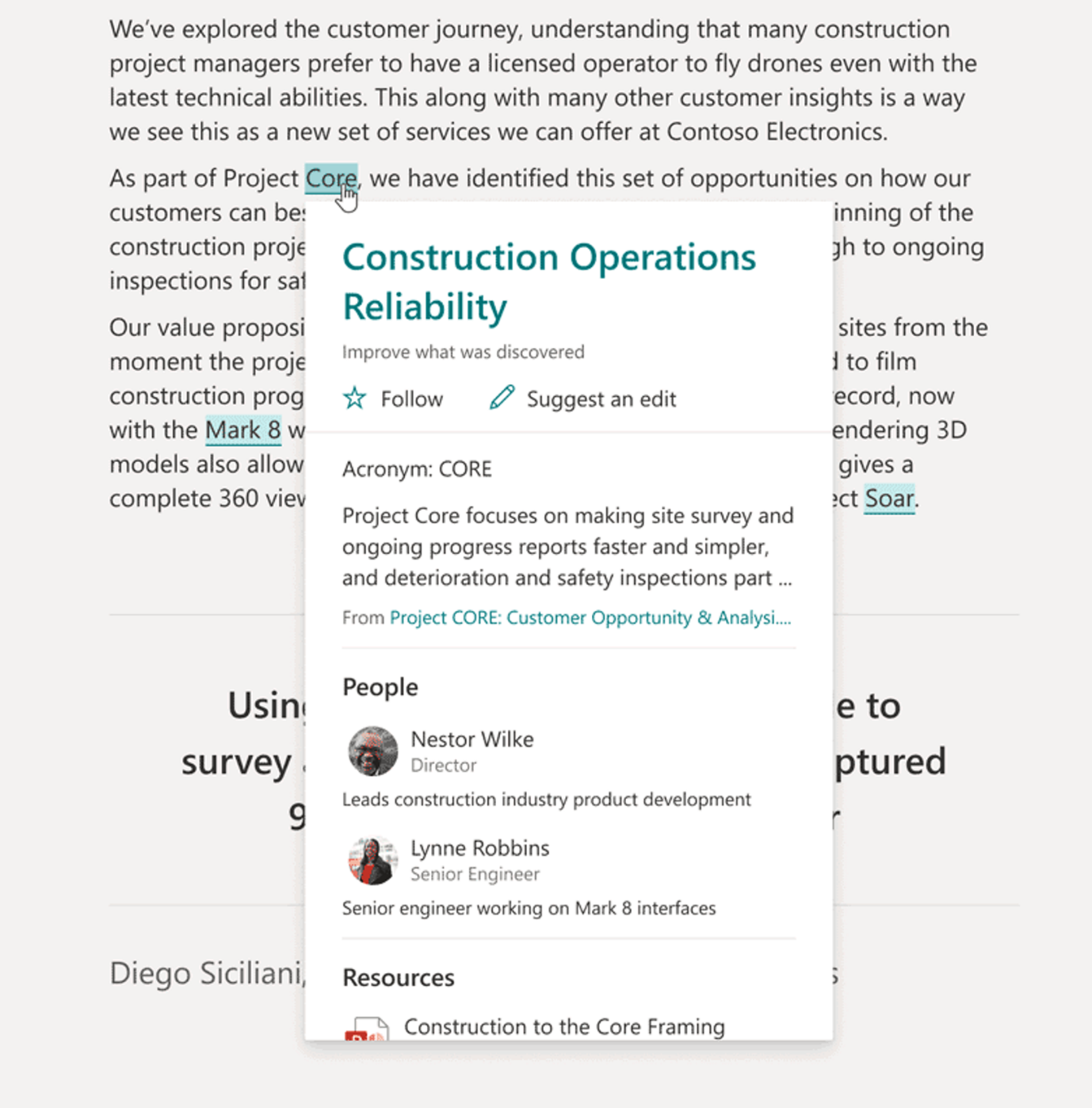 Imagen 8.- Un topic card que ha aparecido al leer una palabra en una página de SharePoint.