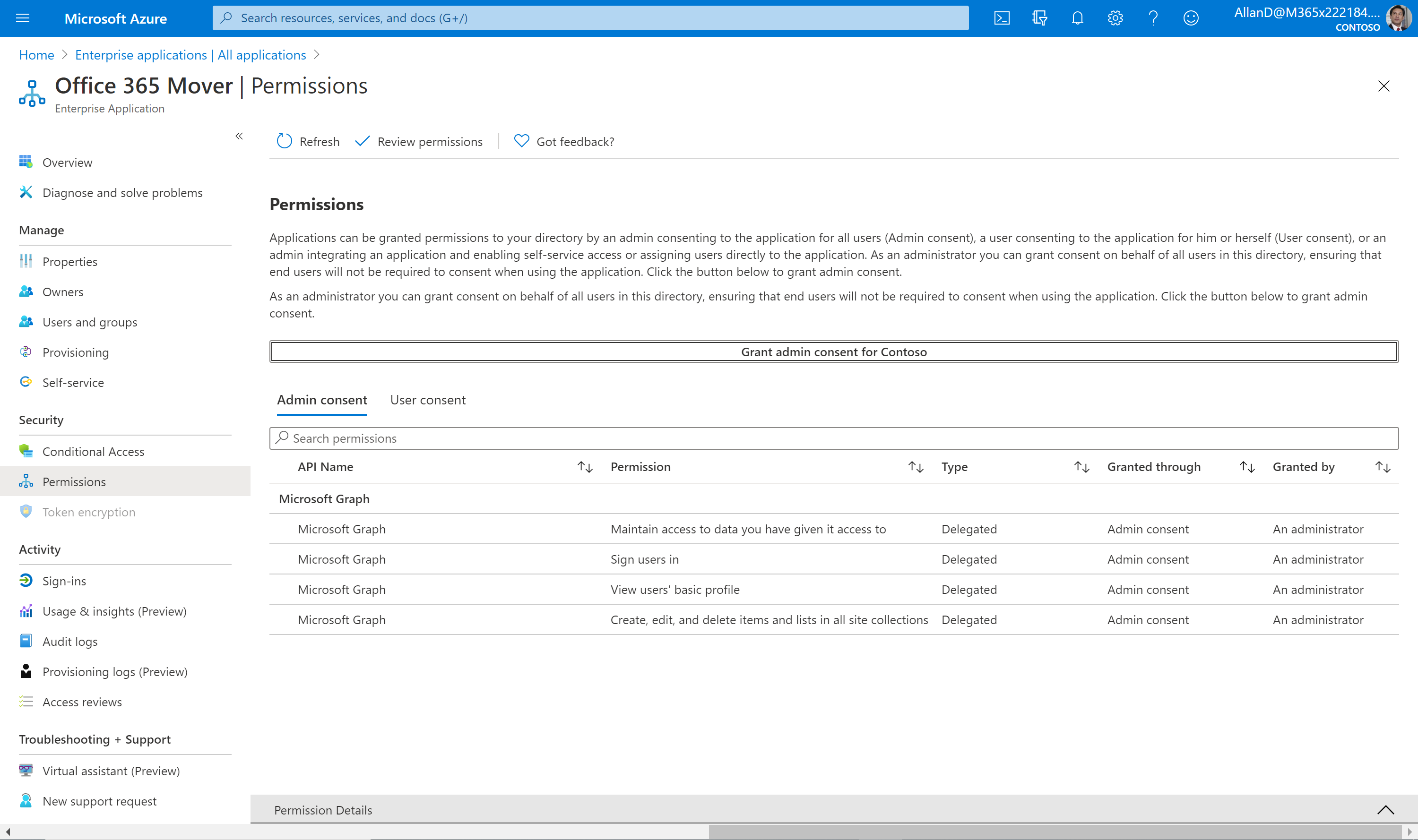 Imagen 17. Dando consentimiento de administrador a la App Office 365 Mover.