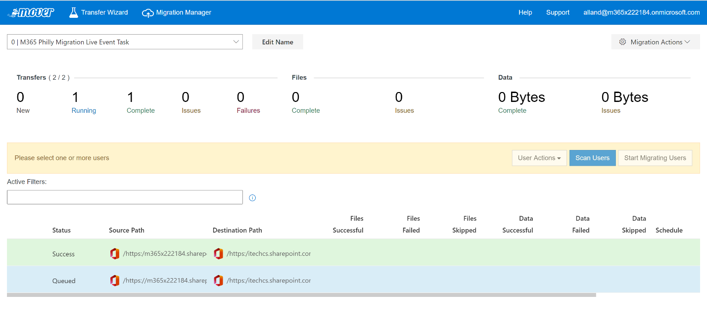 Imagen 23.- Estadísticas en tiempo real de una migración con Mover.