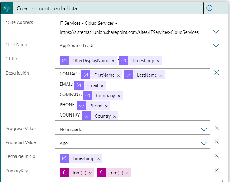 Imagen 29.- Configuración de la acción de creación de elemento de lista.