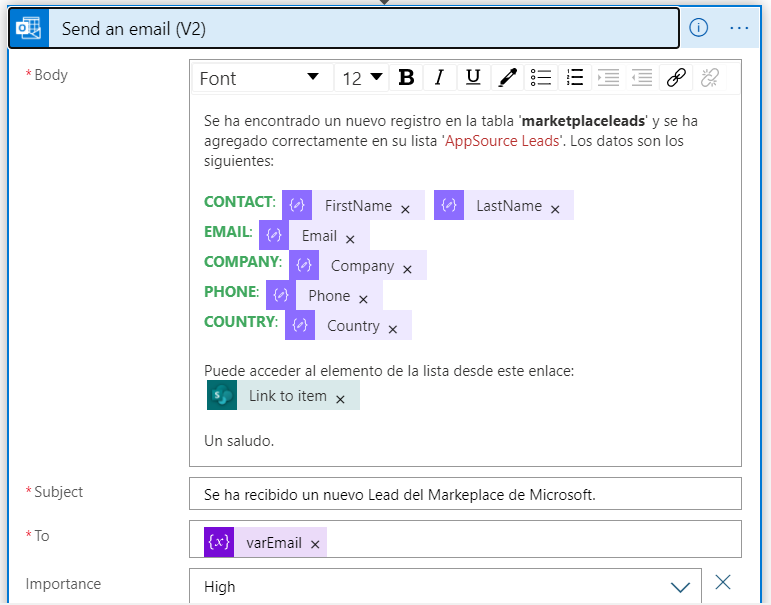 Imagen 31.- Configuración de la acción de enviar e-mail.