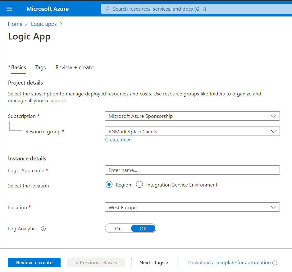 Imagen 5.- Configuración de la Logic App a crear.