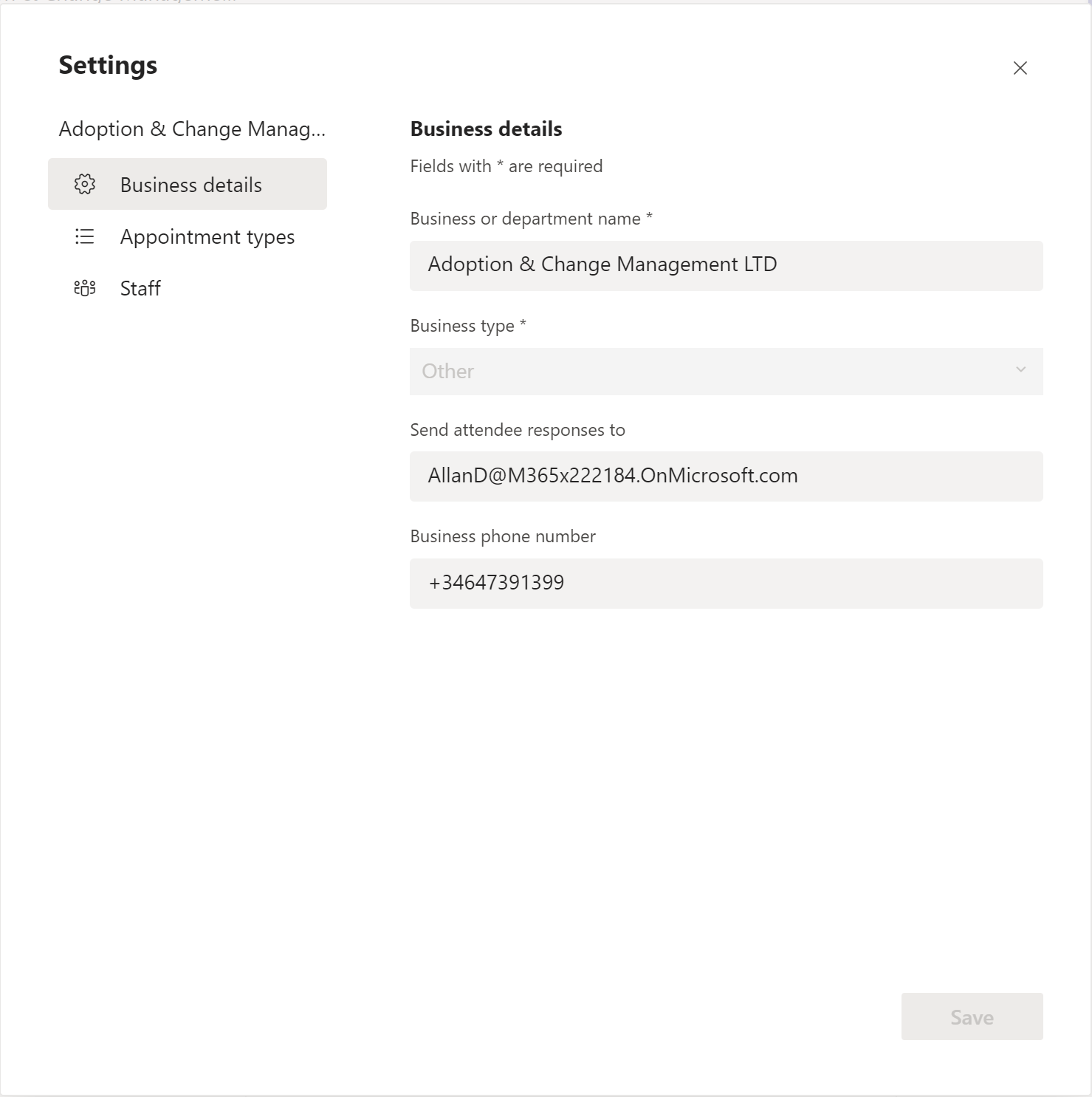 Imagen 15.- Acceso a las configuraciones de Bookings disponibles en la App de Bookings en Teams.