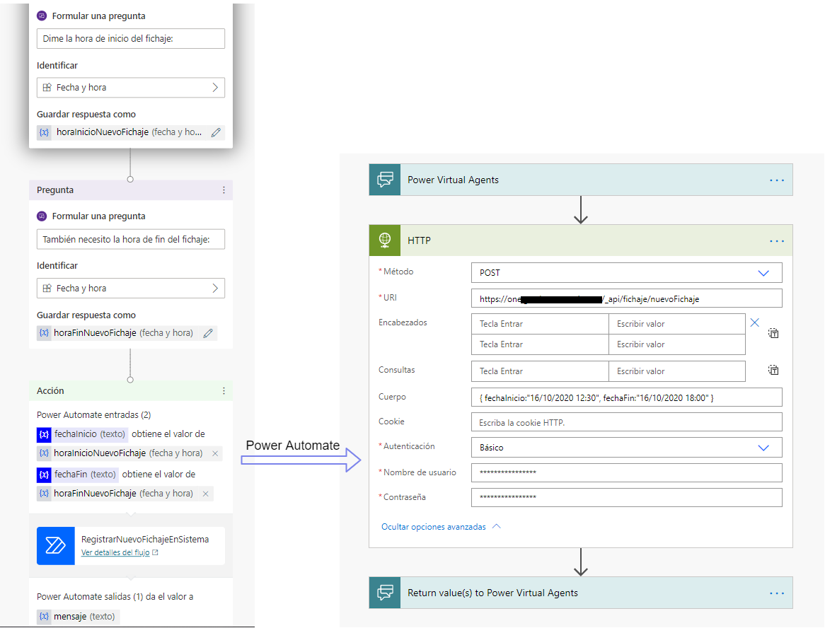 Imagen 6.- Detalle de inserción de datos desde paso de conversación y flujo en Power Automate.