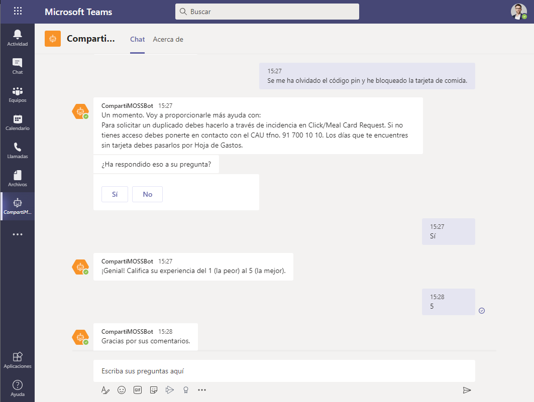 Imagen 15.- Resolución de preguntas frecuentes desde el Bot en Microsoft Teams.