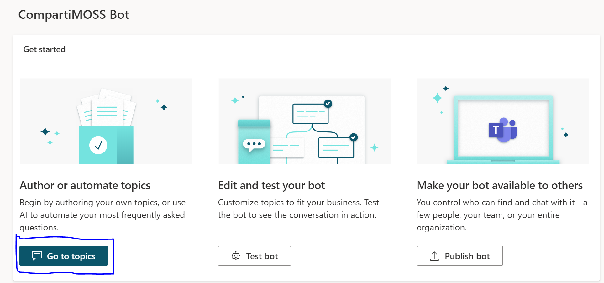 Imagen 8.- Acceso a la creación de temas (topics) para el Chatbot.