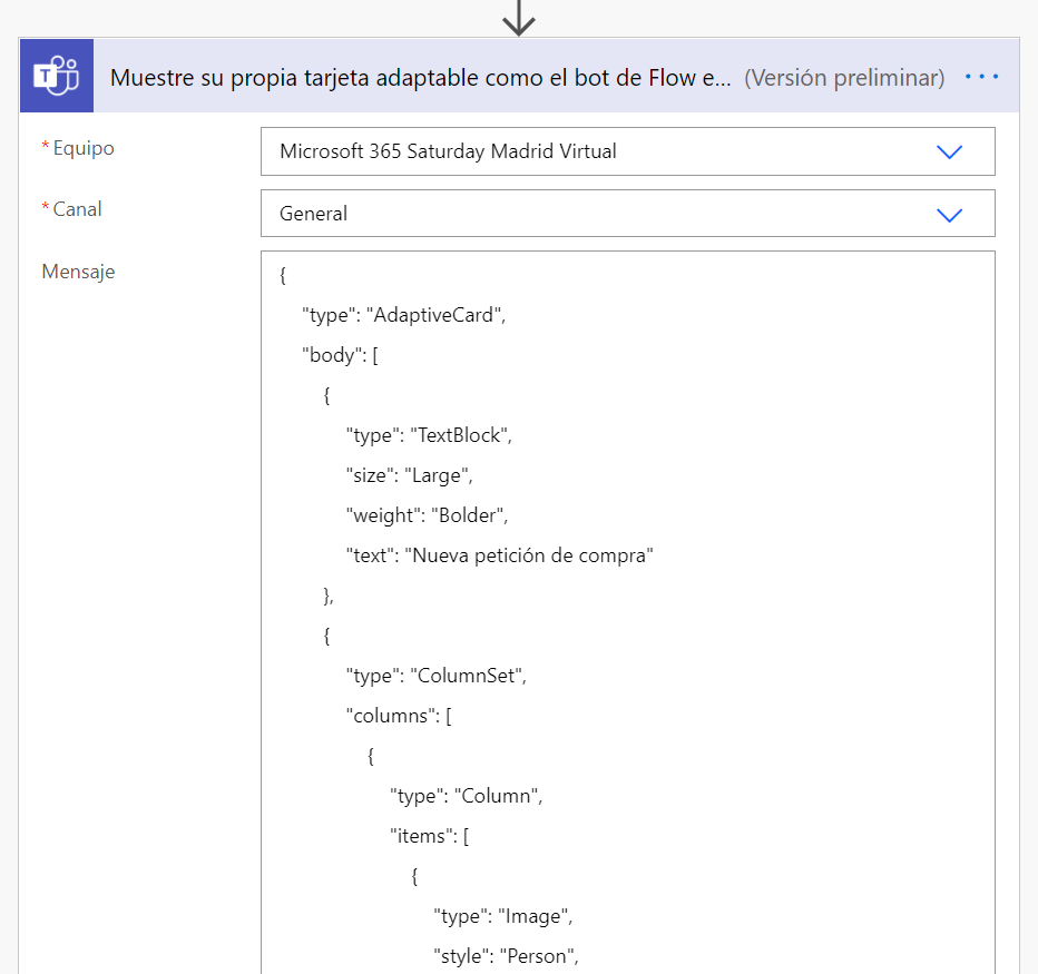 Imagen 14.- Datos a completar para la Adaptive Card en Teams.