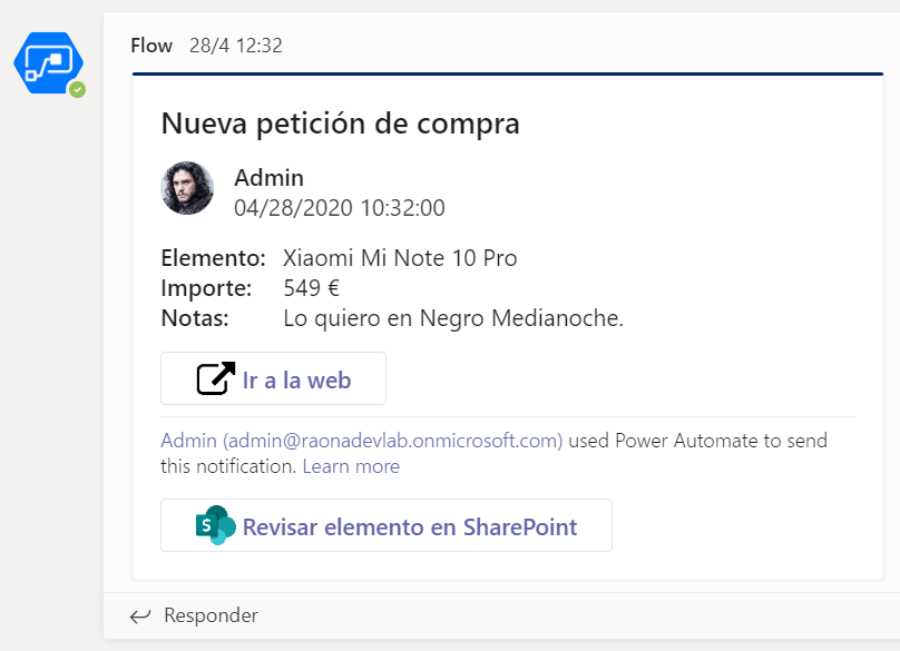 Imagen 15.- Adaptive Card resultante.