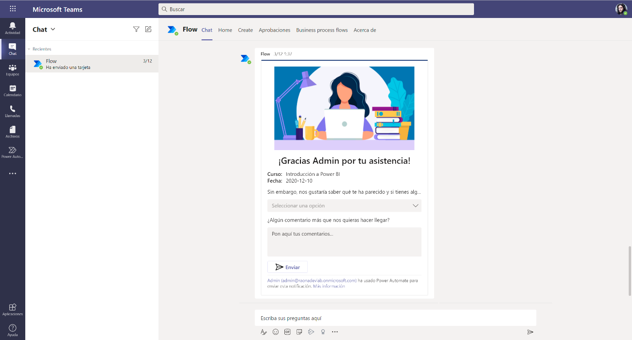 Imagen 18.- Esperando respuesta en una Adaptive Card.