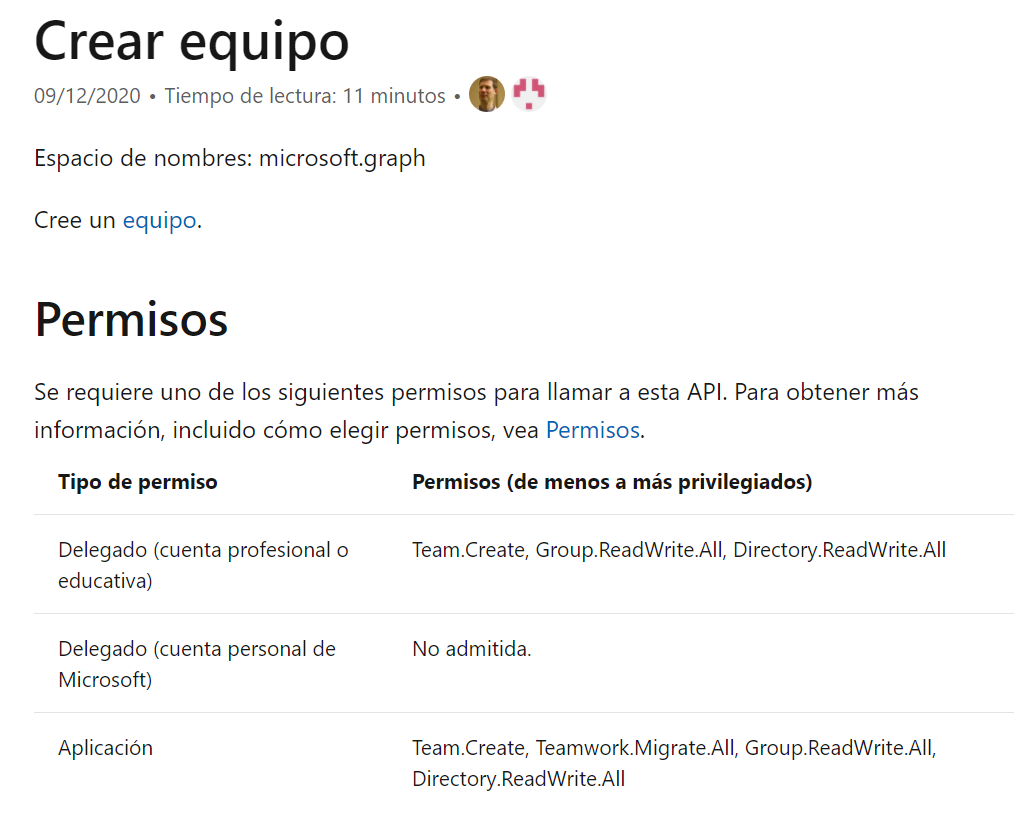 Imagen 3.- Ejemplo de cómo se muestran los permisos necesarios para poder ejecutar la API de Graph.